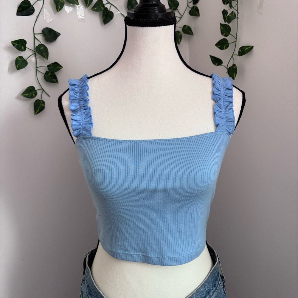 Sunday Best Light Blue Ruffle Strap Crop Top Size M